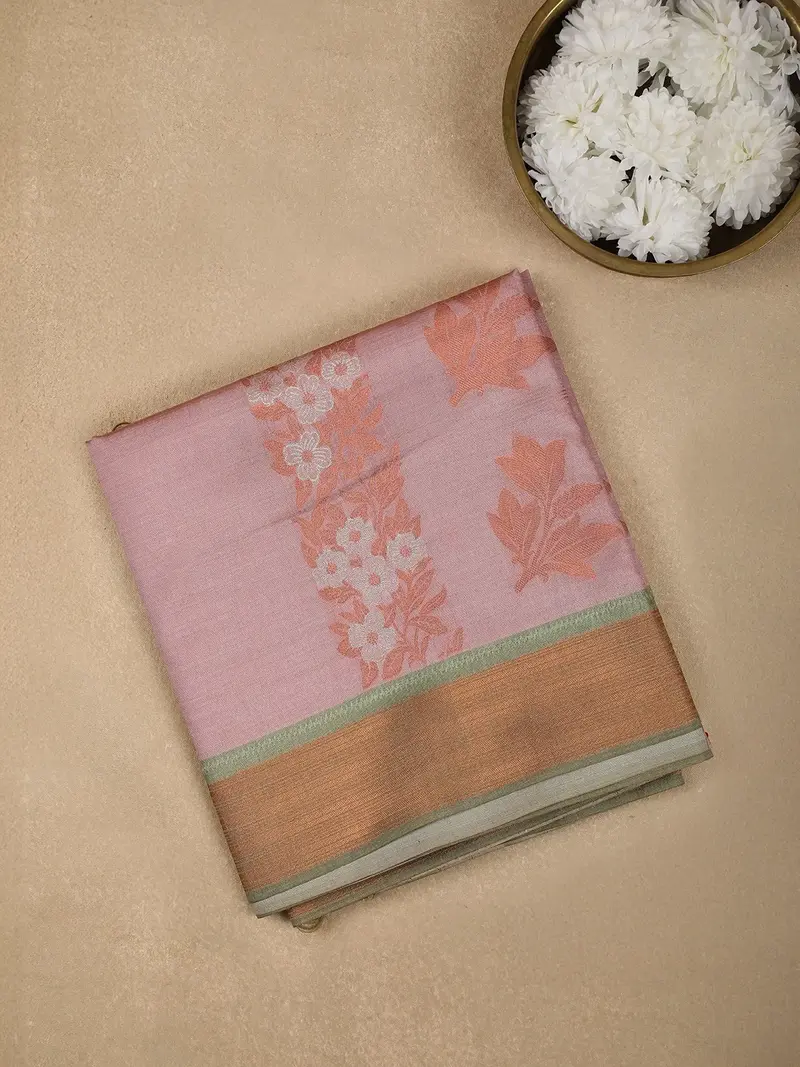 Onion Pink Semi Tussar Silk Floral Designed Saree 1