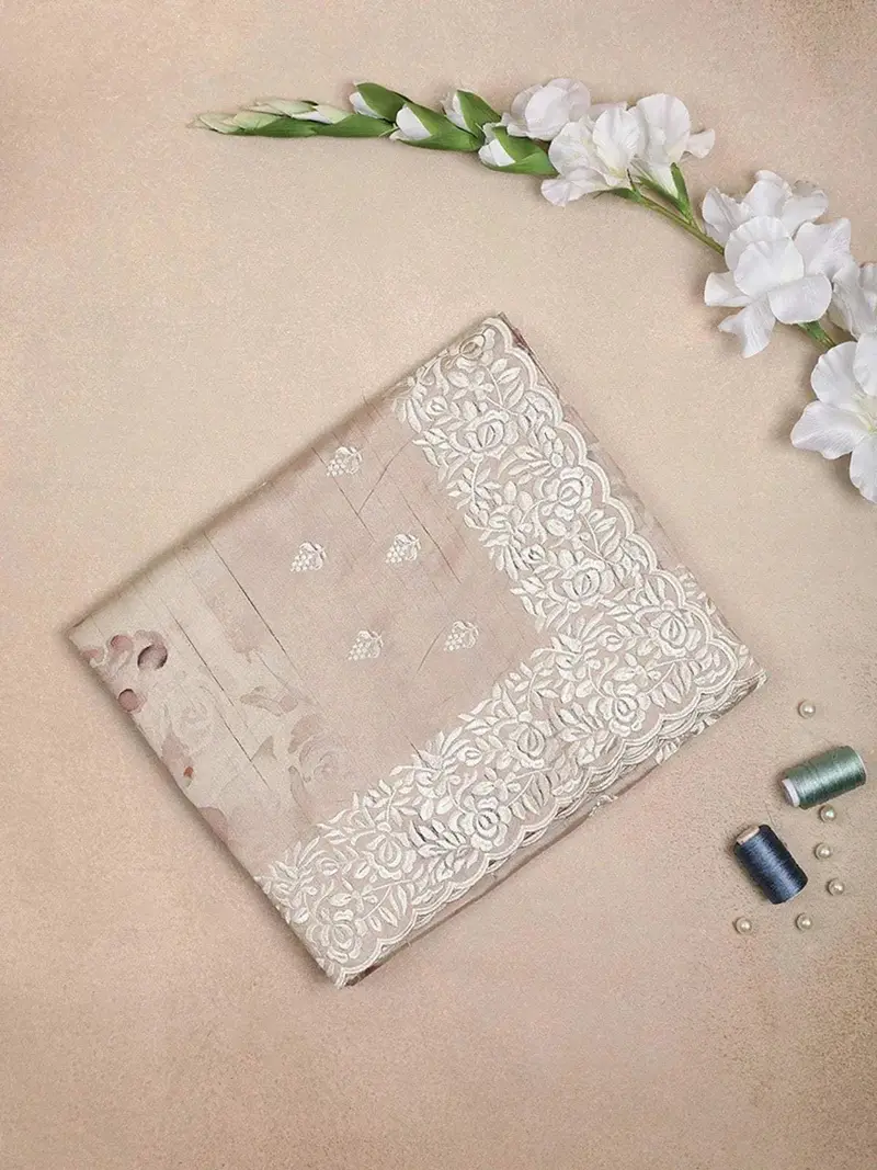 Onion Pink Semi Tussar Silk Saree With Flower Design On The Body With Lace Border 1