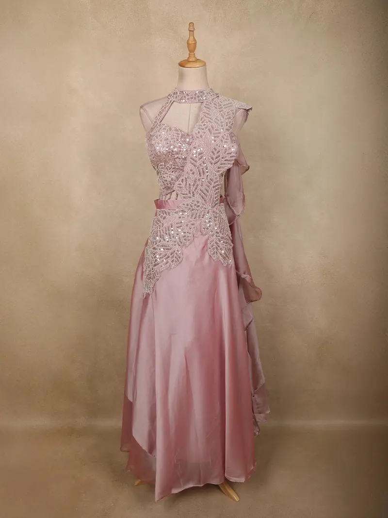 Onion Pink Sequins And Beads Embroidered Design Georgette Party Wear Lehenga 1