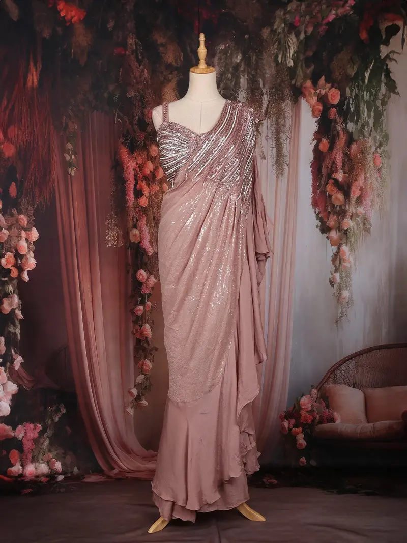 Onion Pink Sequins And Beads Embroidered Design Georgette Ready To Wear Saree With Designer Blouse 1
