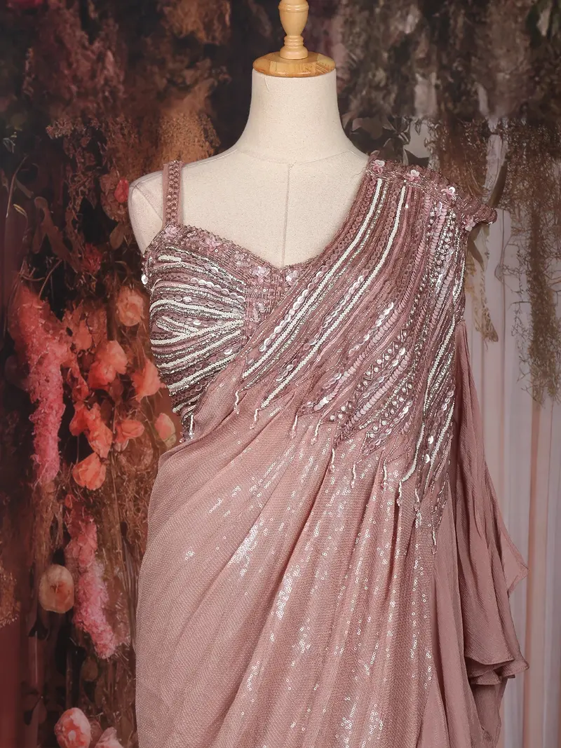 Onion Pink Sequins And Beads Embroidered Design Georgette Ready To Wear Saree With Designer Blouse 2