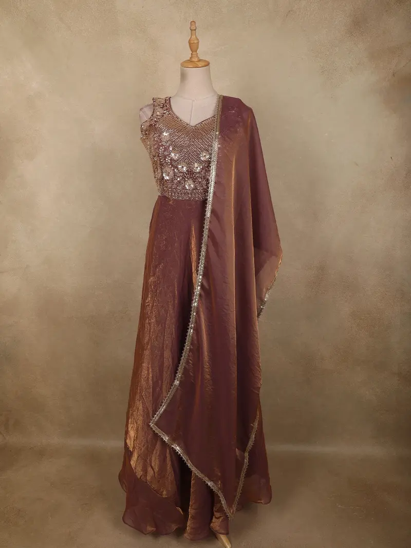 Onion Pink Sequins And Zardozi Embroidered Design Organza Gown With Dupatta 1