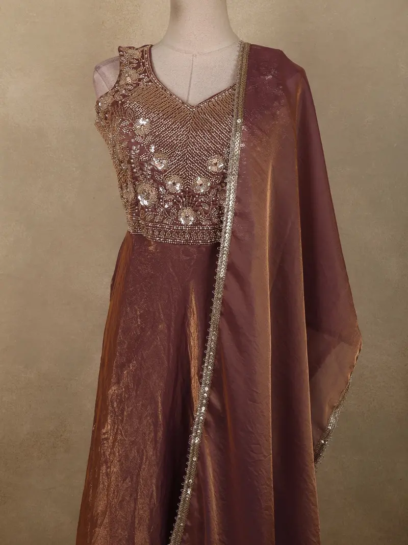 Onion Pink Sequins And Zardozi Embroidered Design Organza Gown With Dupatta 2