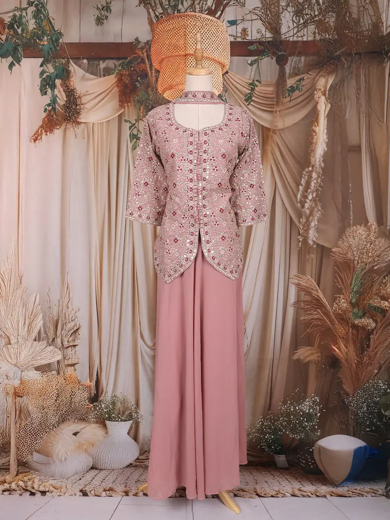 Onion Pink Sequins Design Georgette Palazzo Suit With Choker Dupatta 1