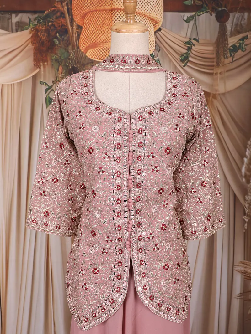 Onion Pink Sequins Design Georgette Palazzo Suit With Choker Dupatta 2