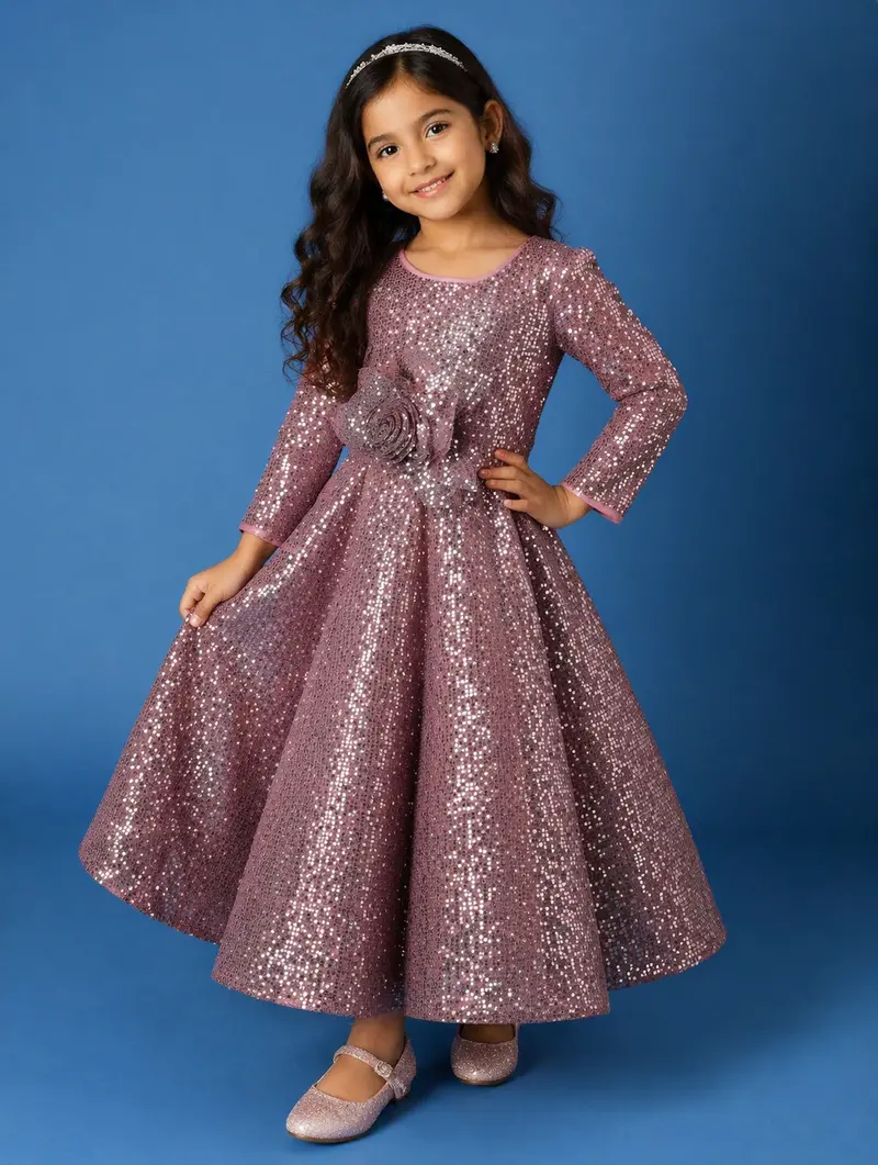 Onion Pink Sequins Design Kids Net Gown 1
