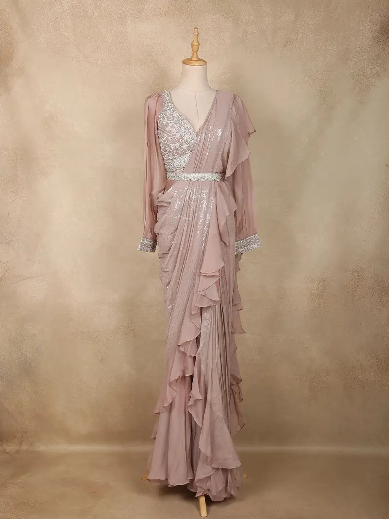 Onion Pink Sequins Embellished Design Satin Ready To Wear Ruffle Saree 1