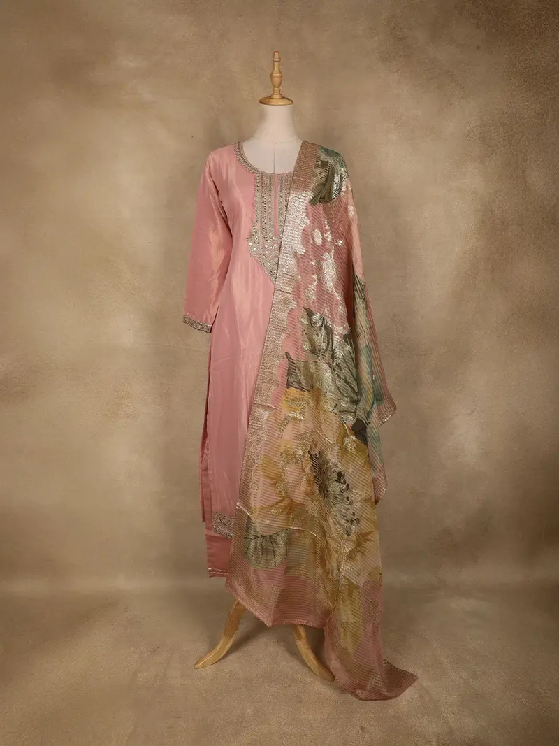 Onion Pink Sequins Zari Embroidered Design Tissue Straight Cut Salwar Suit 1