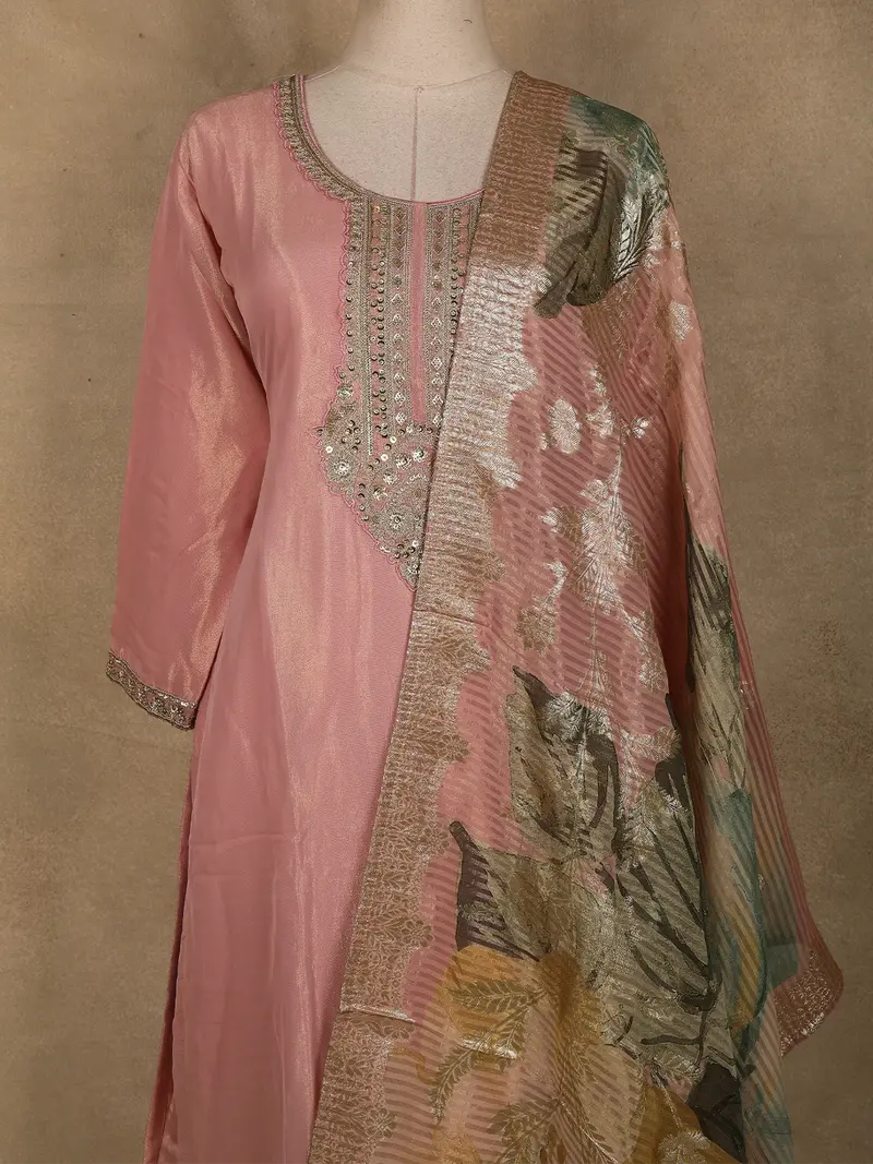 Onion Pink Sequins Zari Embroidered Design Tissue Straight Cut Salwar Suit 2