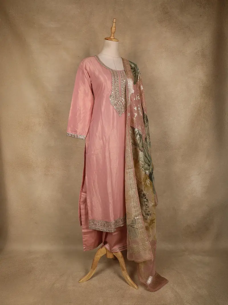 Onion Pink Sequins Zari Embroidered Design Tissue Straight Cut Salwar Suit 3