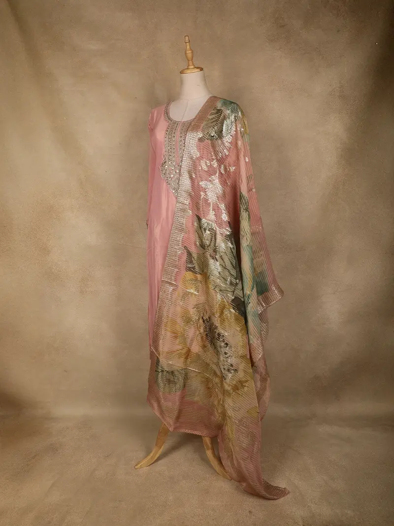 Onion Pink Sequins Zari Embroidered Design Tissue Straight Cut Salwar Suit 4