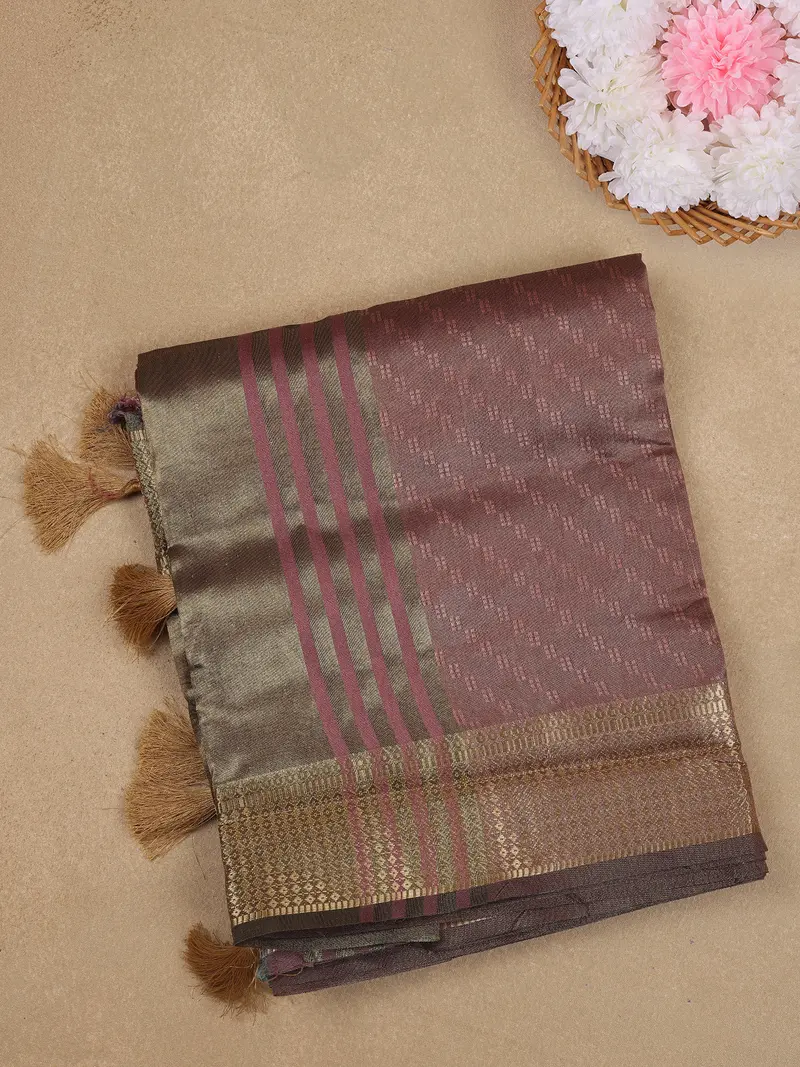 Onion Pink Striped Design Cotton Blend Saree 1