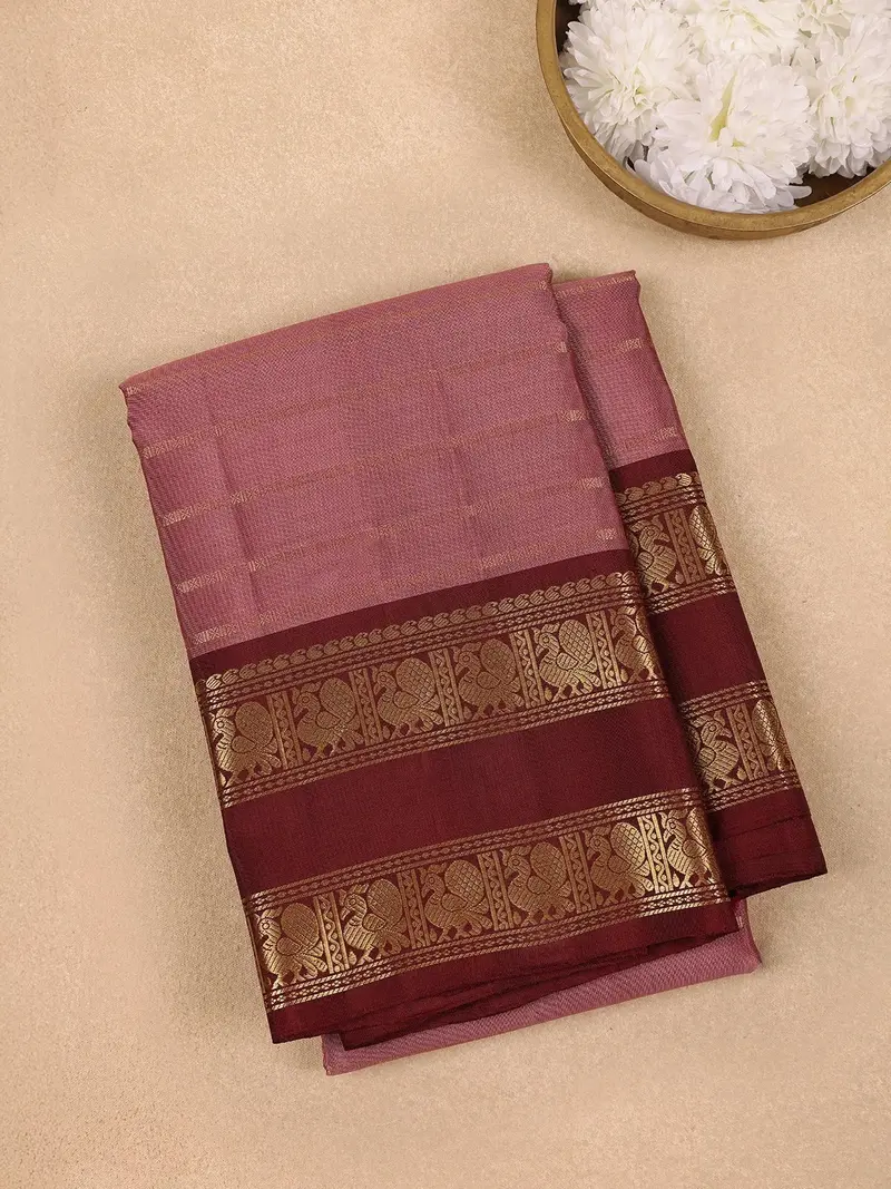 Onion Pink Stripes Woven Pure Kanchipuram Silk Saree 1