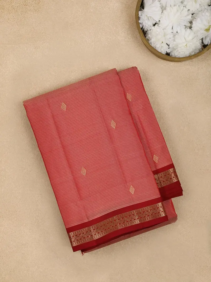 Onion Pink Stripes Woven Pure Kanchipuram Silk Saree 1