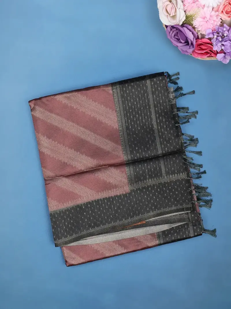 Onion Pink Stripes Zari Woven Tissue Silk Saree 1