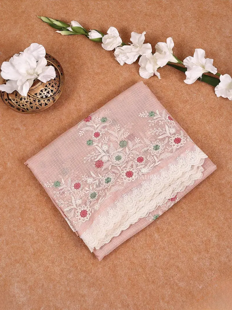 Onion Pink Tissue Banarasi Saree With Chikankari Work On The Body And Floral Lace Border 1