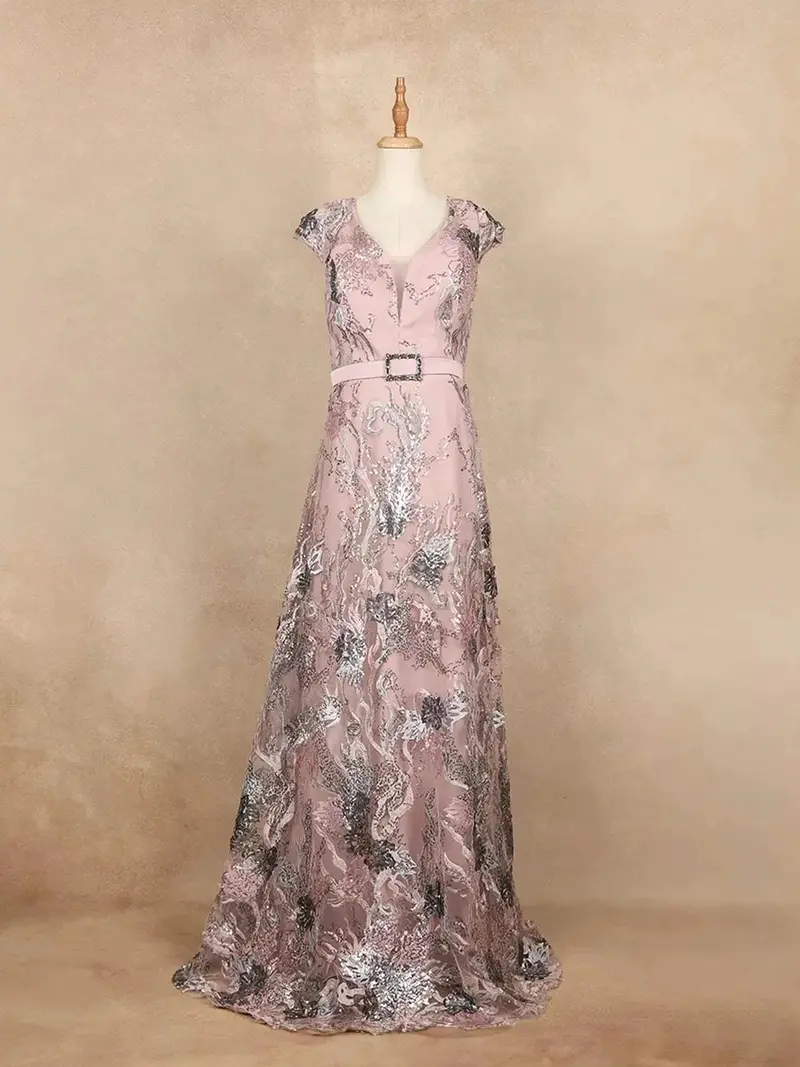 Onion Pink With Floral Design And Waist Belt Gown 1