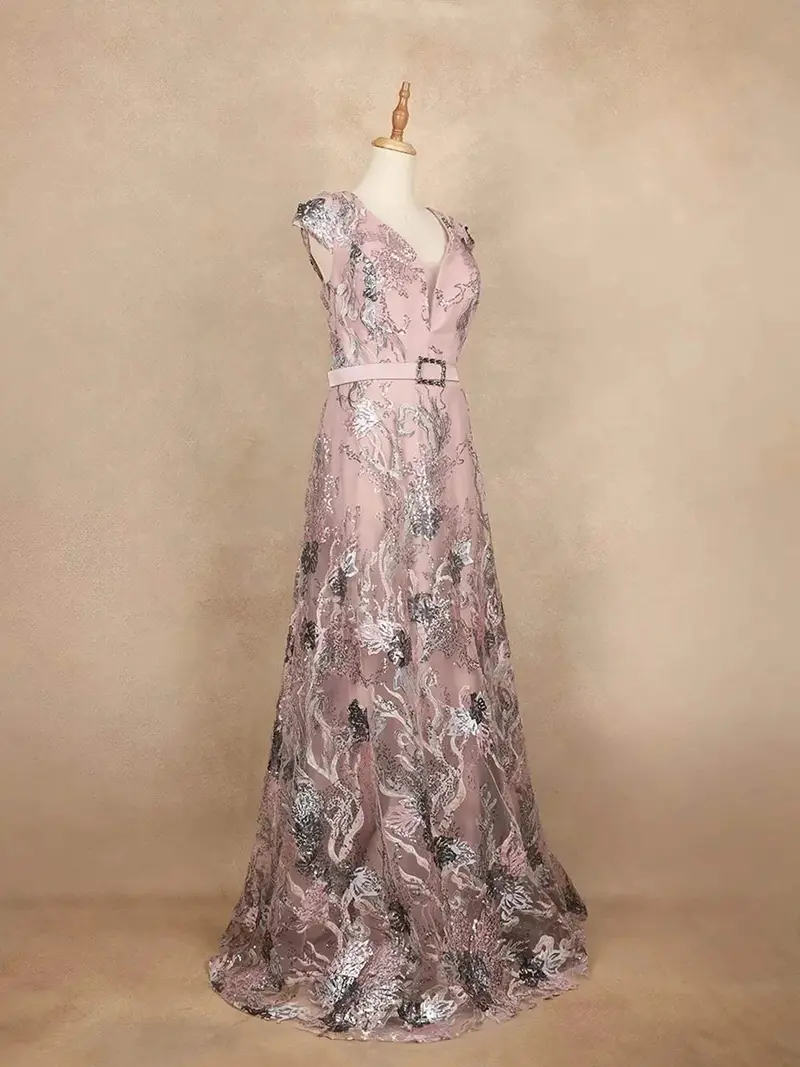 Onion Pink With Floral Design And Waist Belt Gown 2