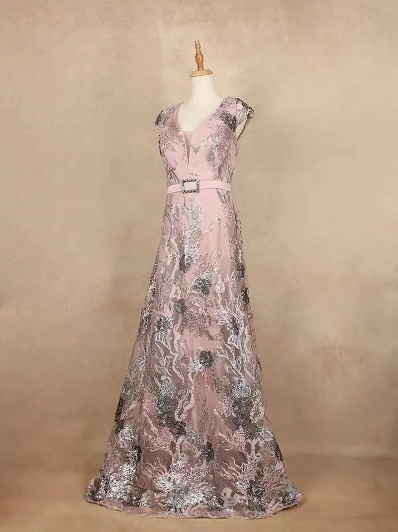 Onion Pink With Floral Design And Waist Belt Gown 3