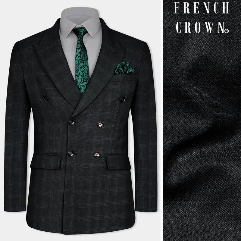 Onyx Black Subtle Checkered Wool Rich Double Breasted Blazer 1
