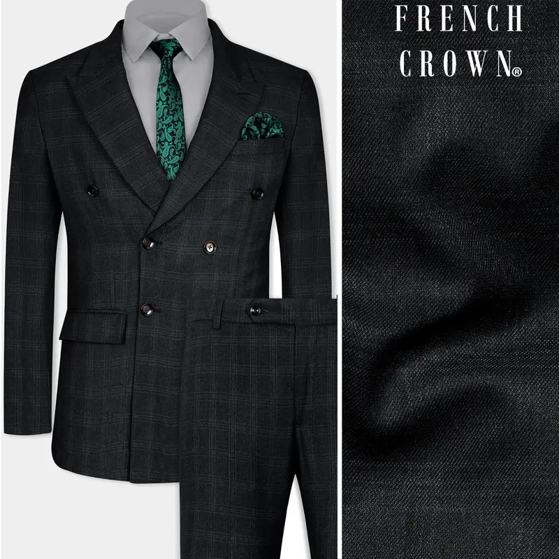 Onyx Black Subtle Checkered Wool Rich Double Breasted Suit 1