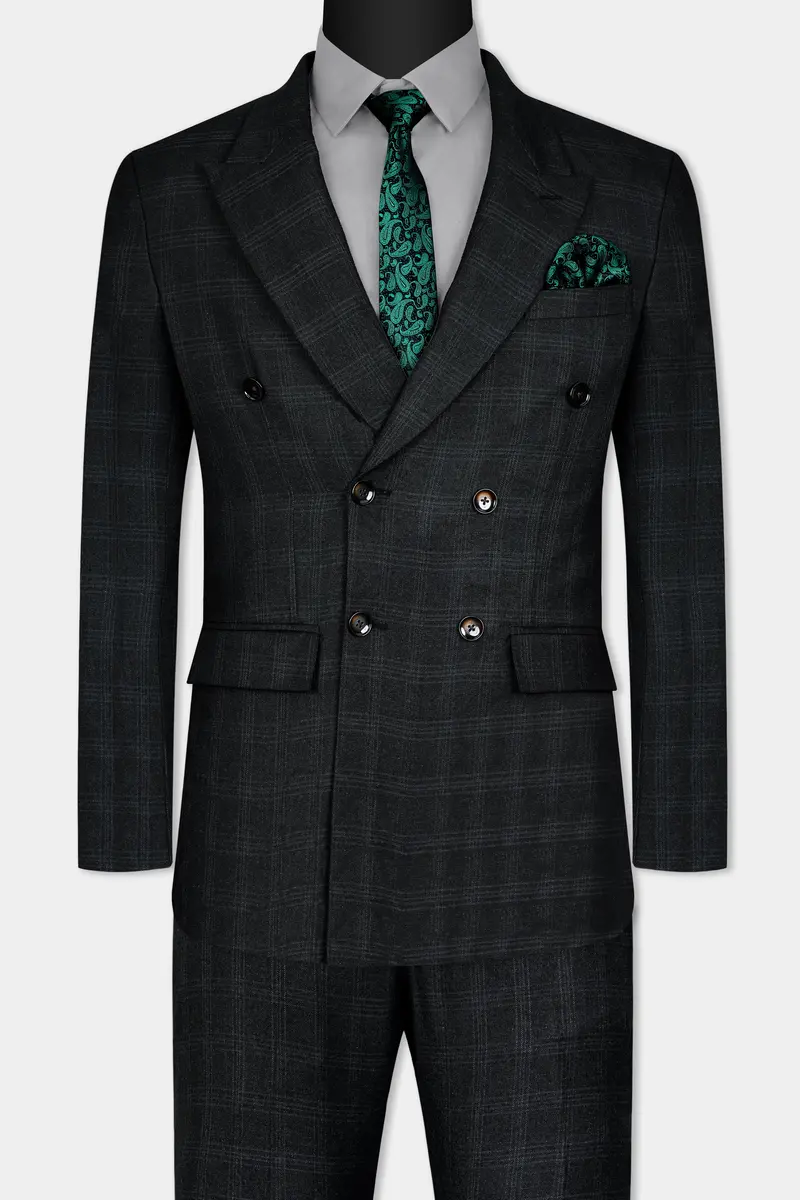 Onyx Black Subtle Checkered Wool Rich Double Breasted Suit 11