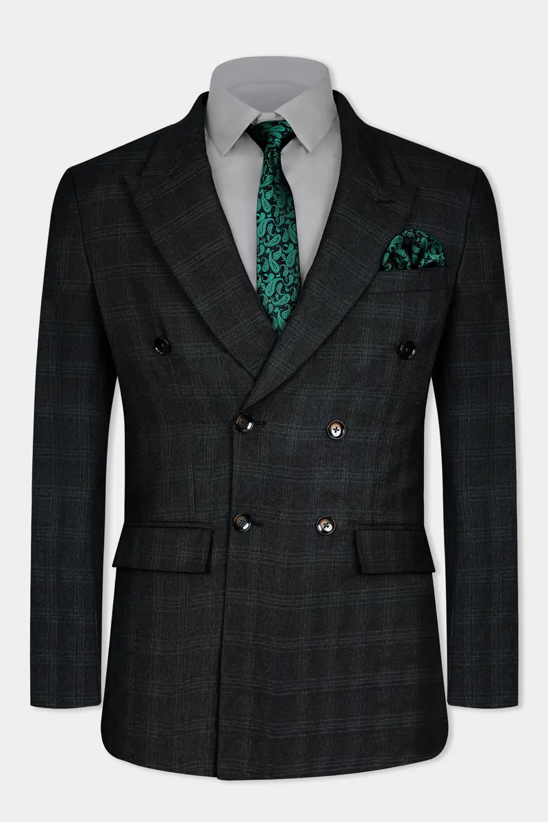 Onyx Black Subtle Checkered Wool Rich Double Breasted Suit 12
