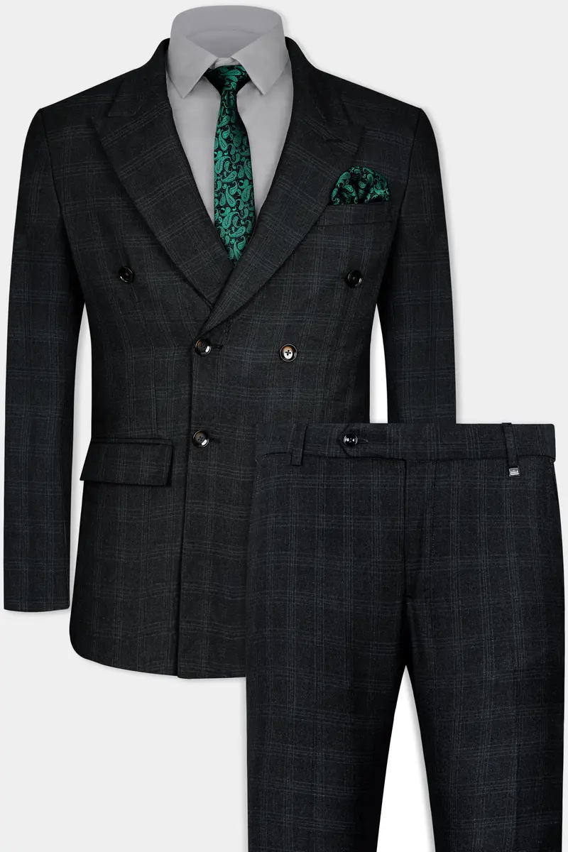 Onyx Black Subtle Checkered Wool Rich Double Breasted Suit 2