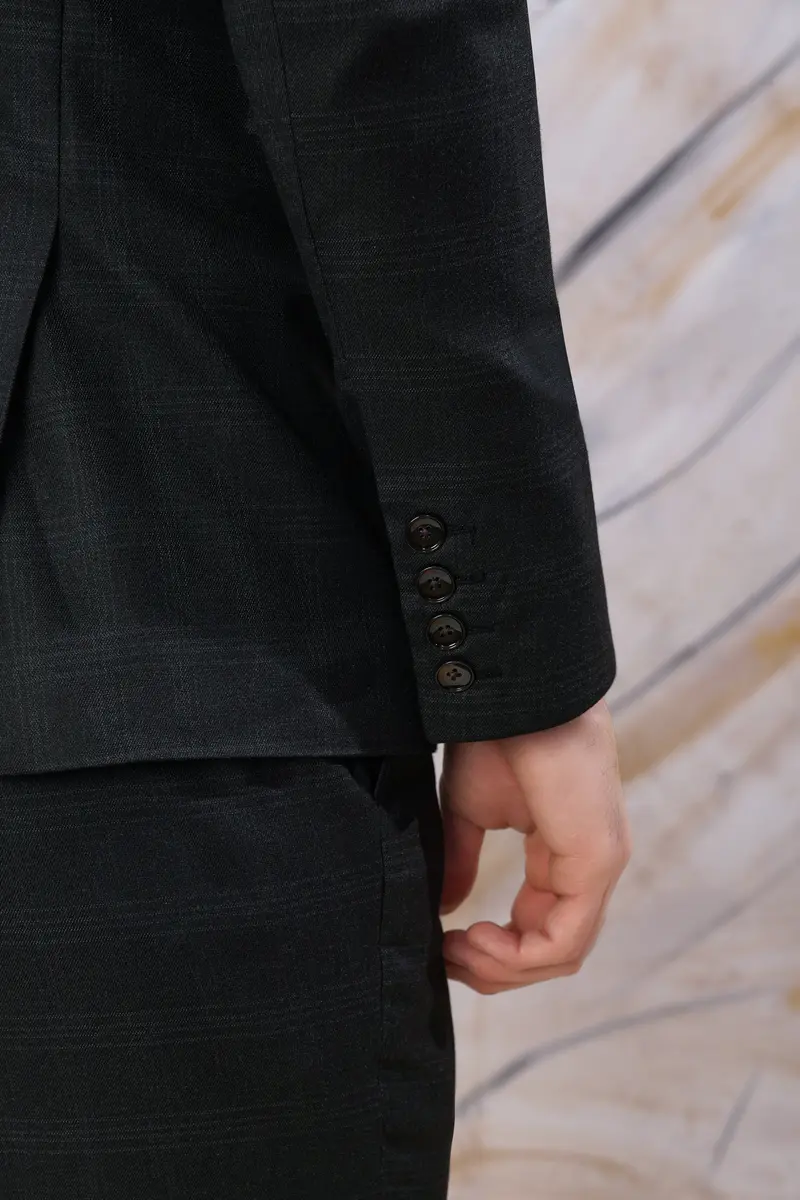 Onyx Black Subtle Checkered Wool Rich Double Breasted Suit 4