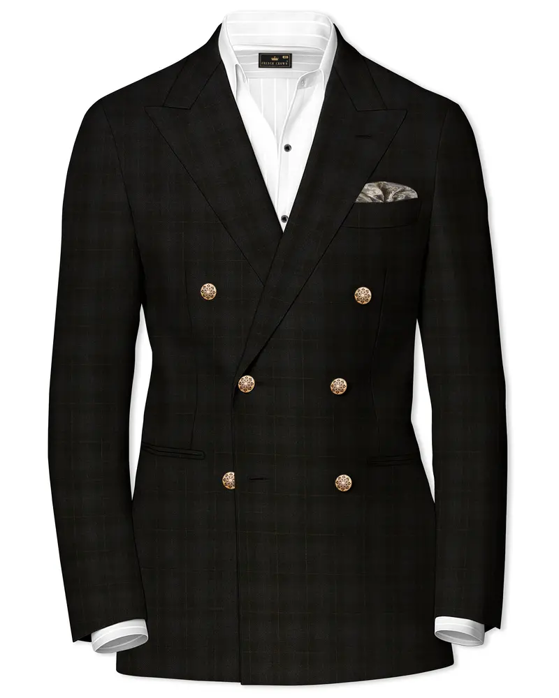 Onyx Black Subtle Plaid Wool Rich Double Breasted Blazer 1