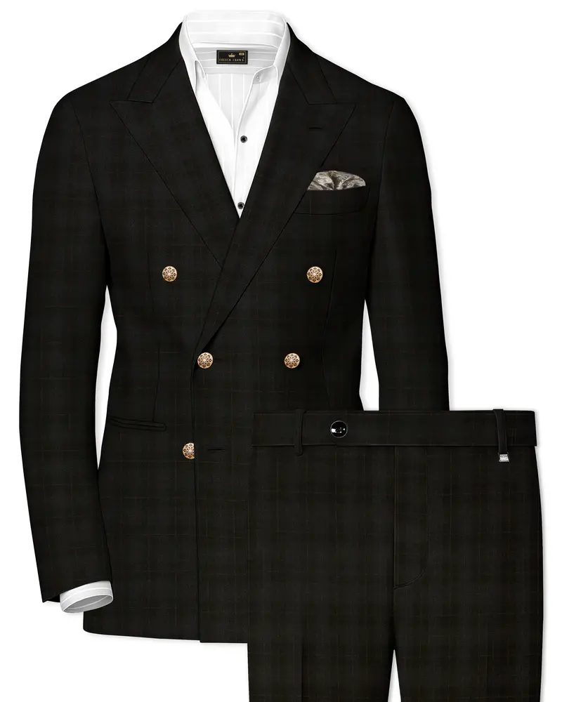 Onyx Black Subtle Plaid Wool Rich Double Breasted Suit 1