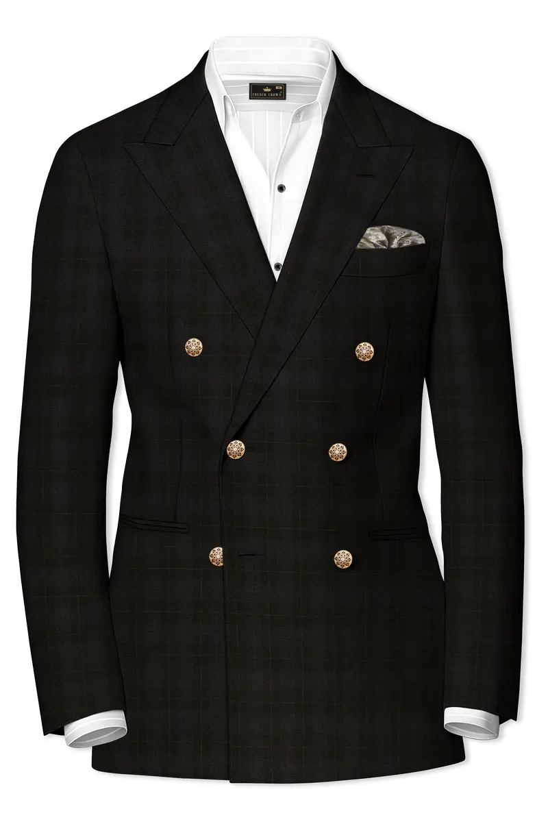 Onyx Black Subtle Plaid Wool Rich Double Breasted Suit 10