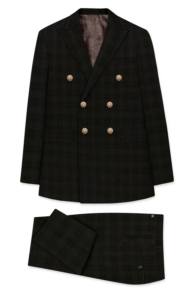 Onyx Black Subtle Plaid Wool Rich Double Breasted Suit 11