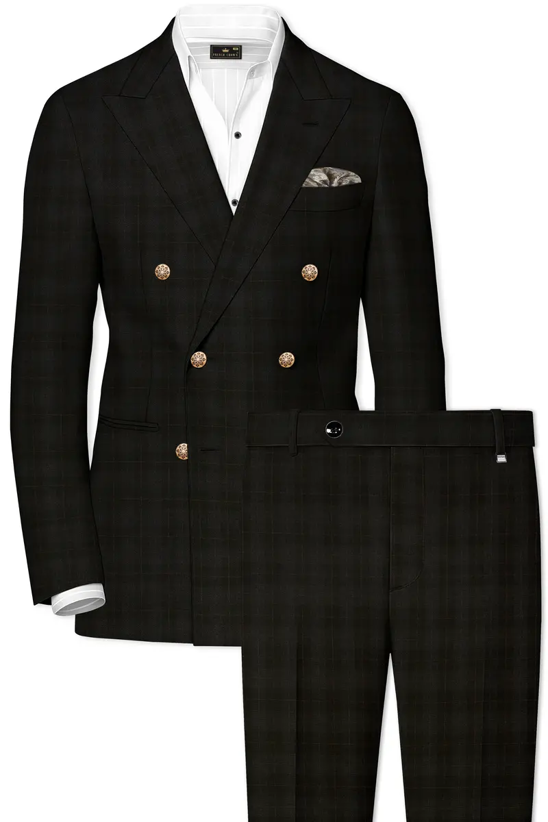 Onyx Black Subtle Plaid Wool Rich Double Breasted Suit 2