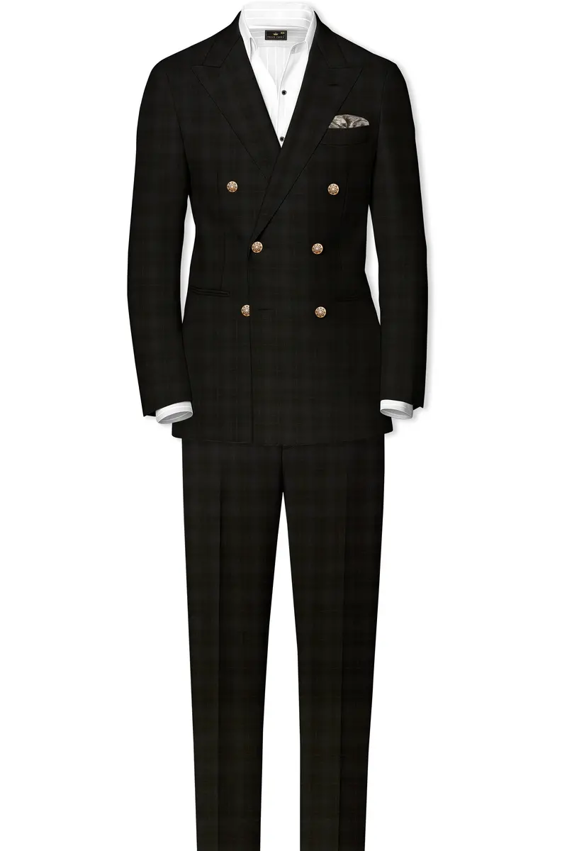 Onyx Black Subtle Plaid Wool Rich Double Breasted Suit 4