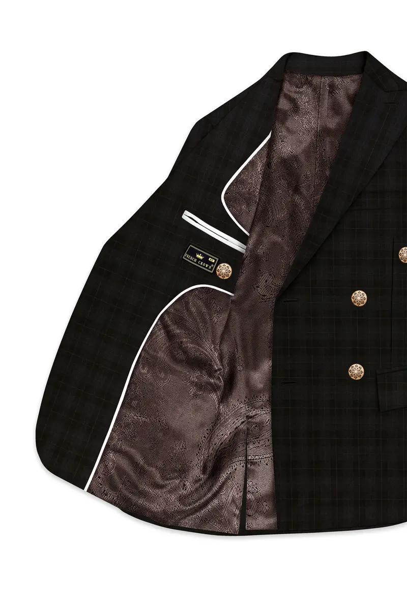 Onyx Black Subtle Plaid Wool Rich Double Breasted Suit 5