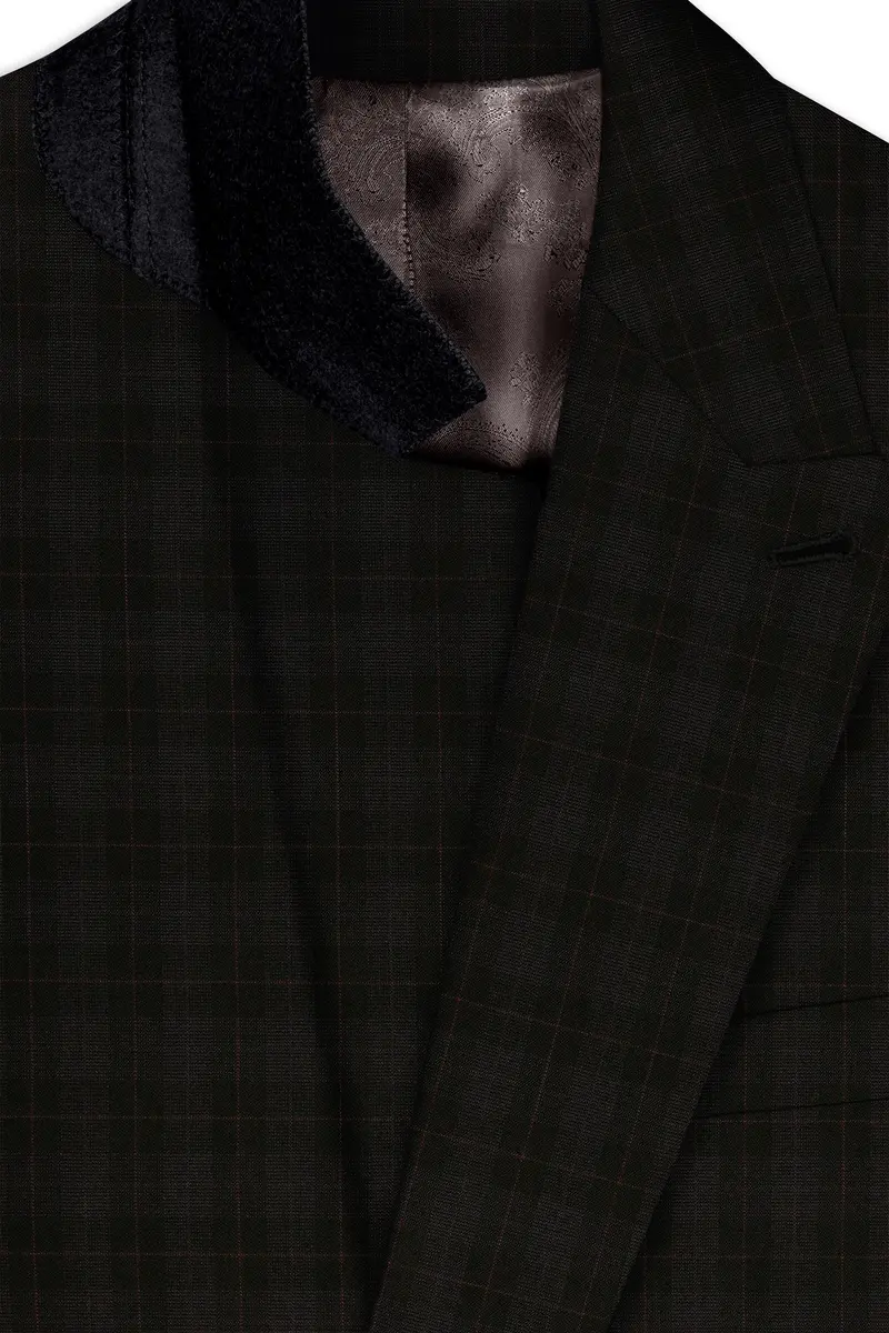 Onyx Black Subtle Plaid Wool Rich Double Breasted Suit 6