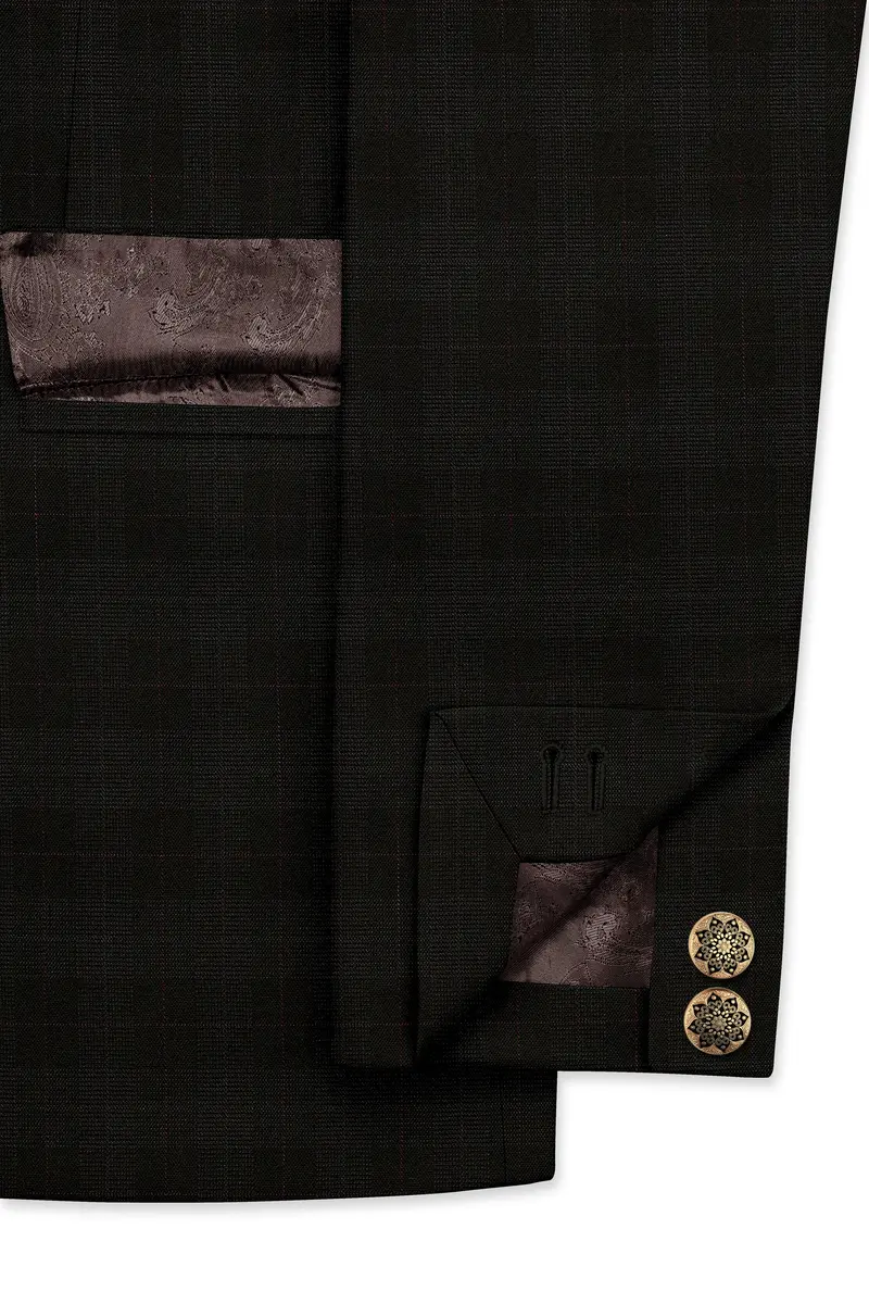 Onyx Black Subtle Plaid Wool Rich Double Breasted Suit 7