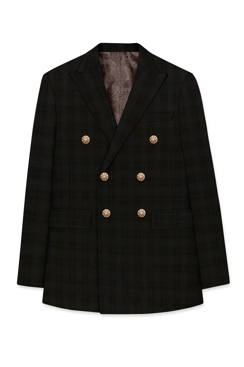 Onyx Black Subtle Plaid Wool Rich Double Breasted Suit 8