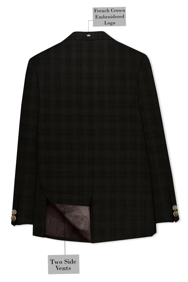 Onyx Black Subtle Plaid Wool Rich Double Breasted Suit 9