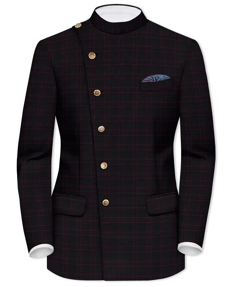 Onyx Black Windowpane Cross Placket Bandhgala Blazer 1