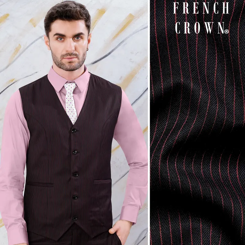 Onyx Maroon And Mandy Pink Striped Wool Rich Waistcoat 1