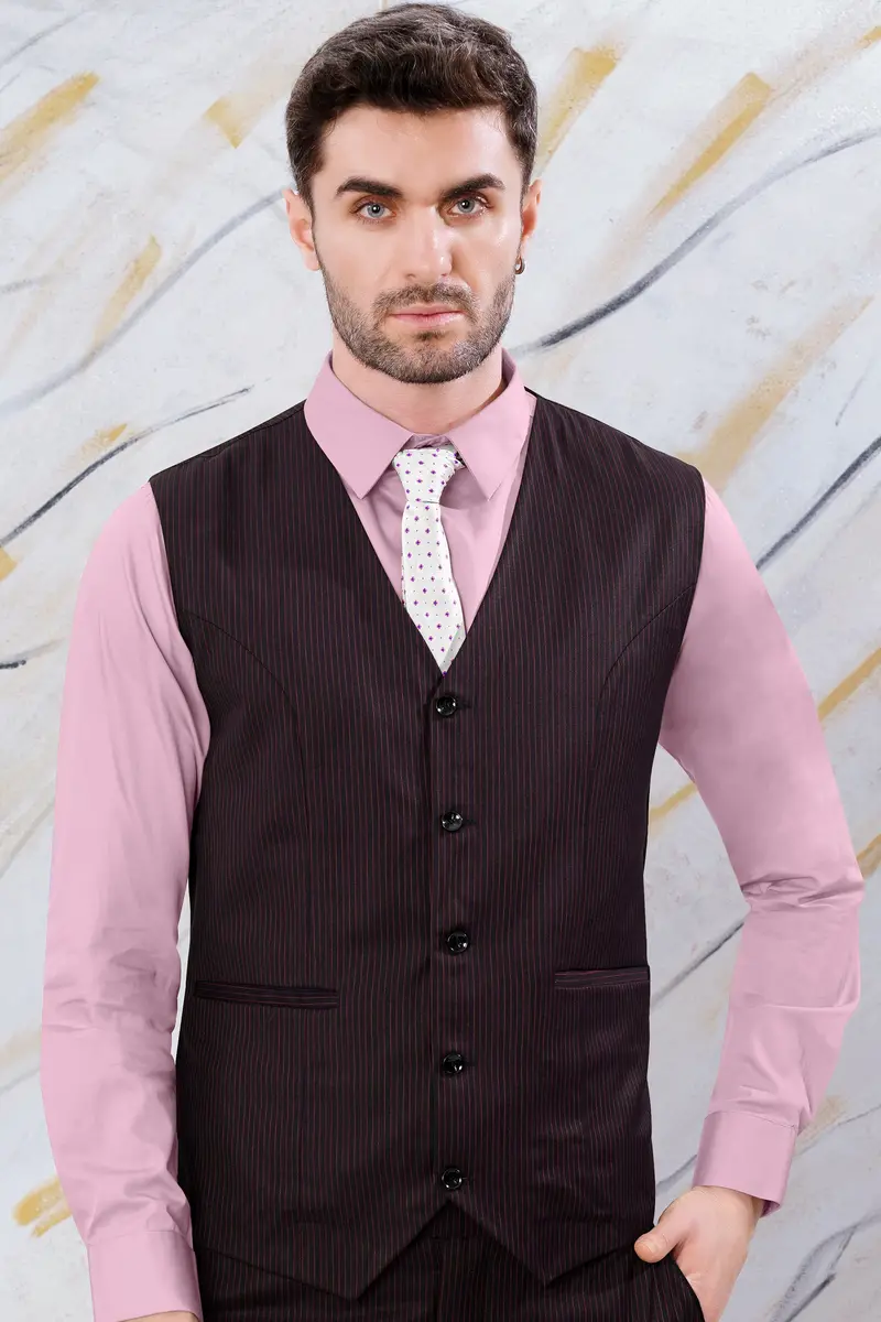 Onyx Maroon And Mandy Pink Striped Wool Rich Waistcoat 2