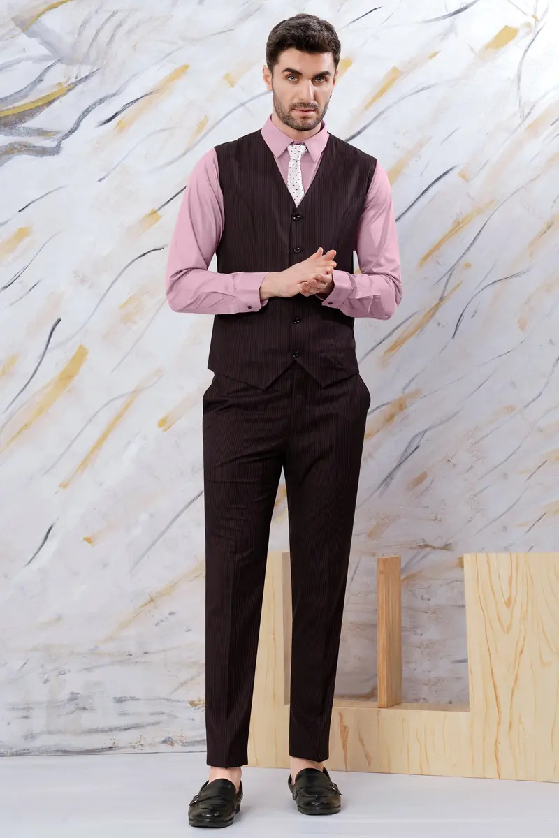 Onyx Maroon And Mandy Pink Striped Wool Rich Waistcoat 5