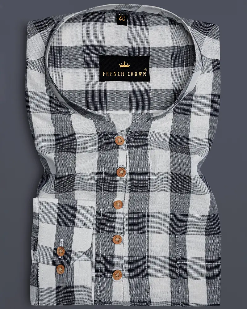 Onyxmist-Shark Black And Pumice Gray Plaid Luxurious Linen Casual Kurta Shirt 1