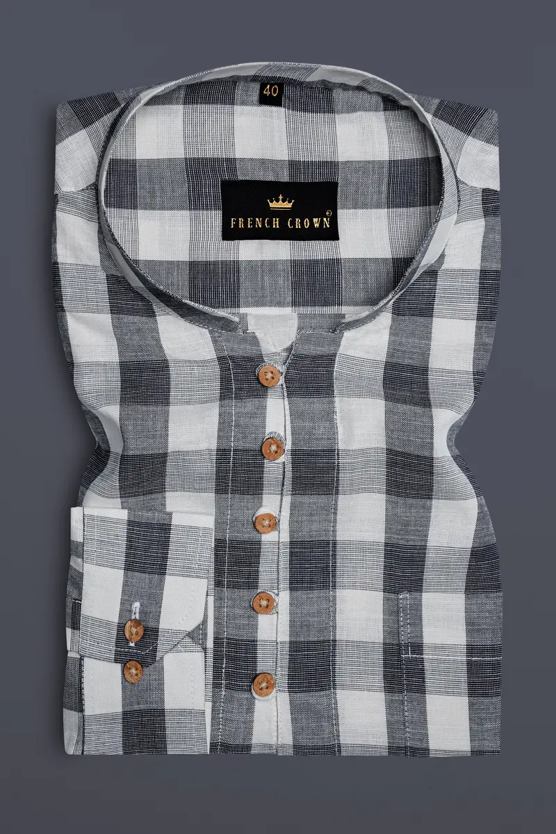 Onyxmist-Shark Black And Pumice Gray Plaid Luxurious Linen Casual Kurta Shirt 2