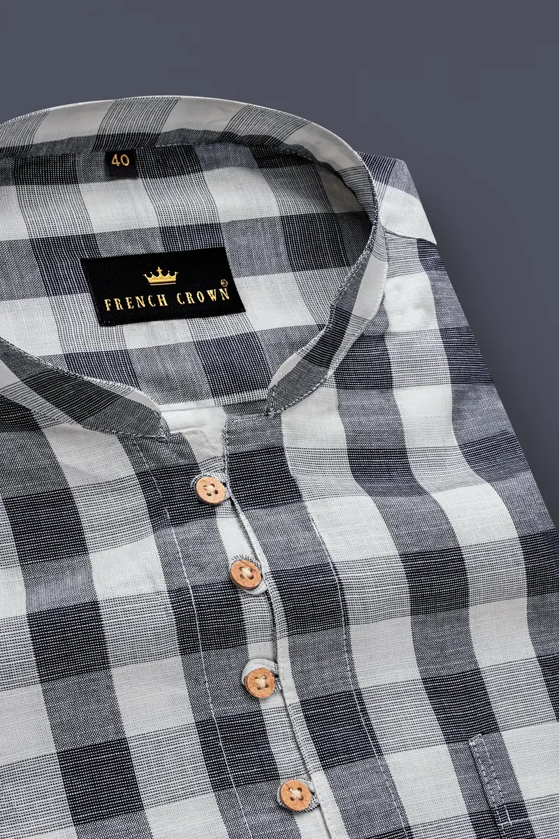 Onyxmist-Shark Black And Pumice Gray Plaid Luxurious Linen Casual Kurta Shirt 4