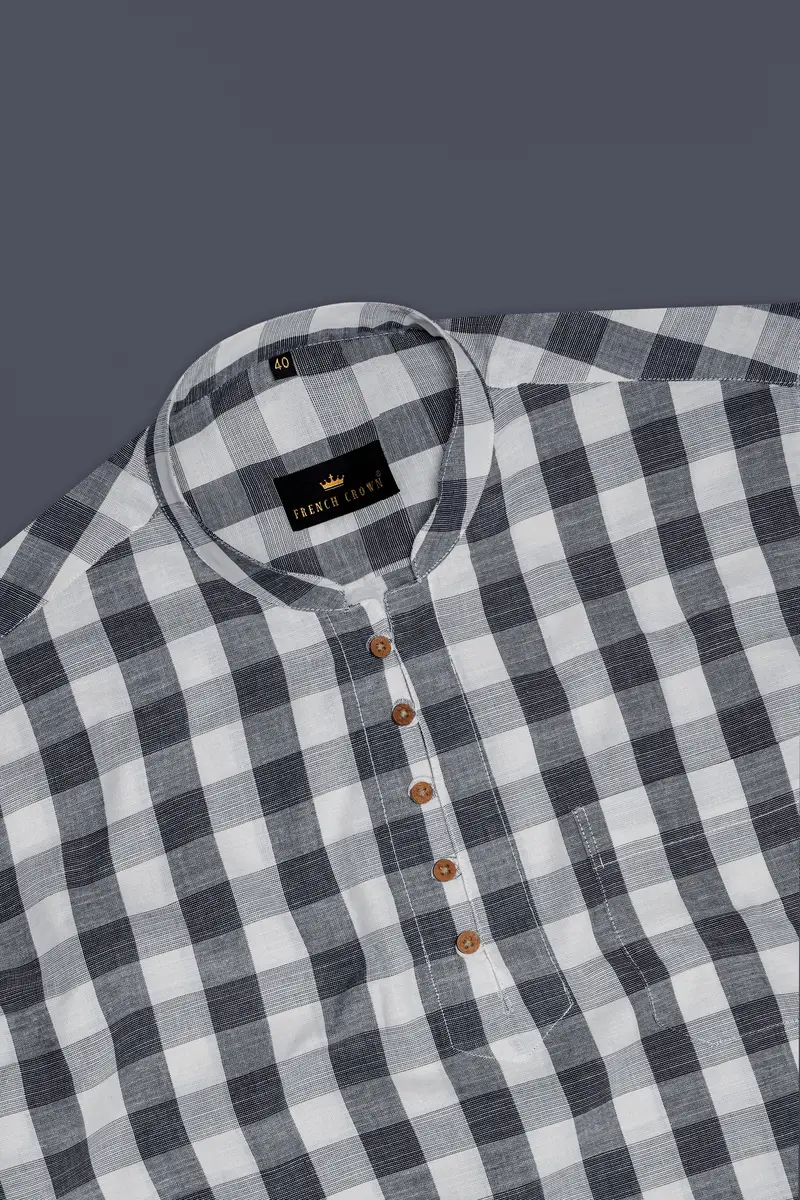 Onyxmist-Shark Black And Pumice Gray Plaid Luxurious Linen Casual Kurta Shirt 5