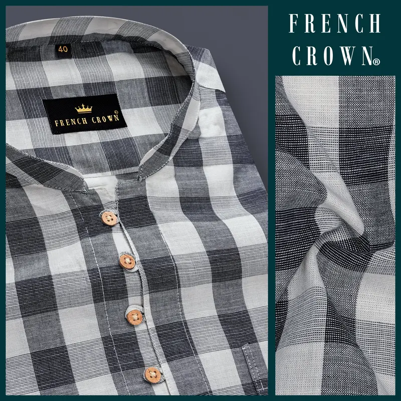 Onyxmist-Shark Black And Pumice Gray Plaid Luxurious Linen Casual Kurta Shirt 7