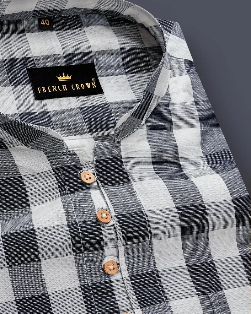 Onyxmist-Shark Black And Pumice Gray Plaid Luxurious Linen Casual Kurta Shirt 9